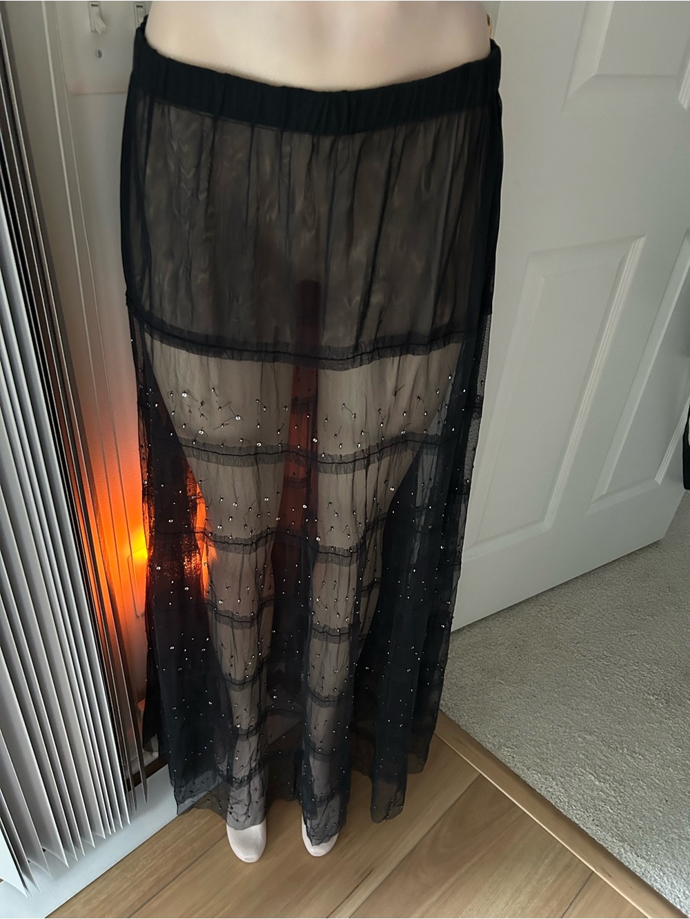 Chan Luu Black Sheer Beaded Maxi Skirt